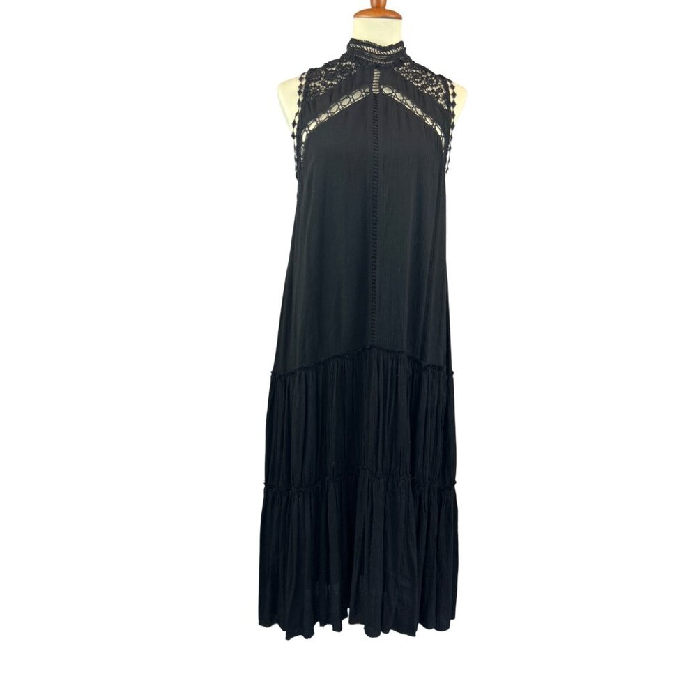 Fate Black Sleeveless Tiered Maxi Dress Lace Crochet Raw Hem Boho - Picture 13 of 13
